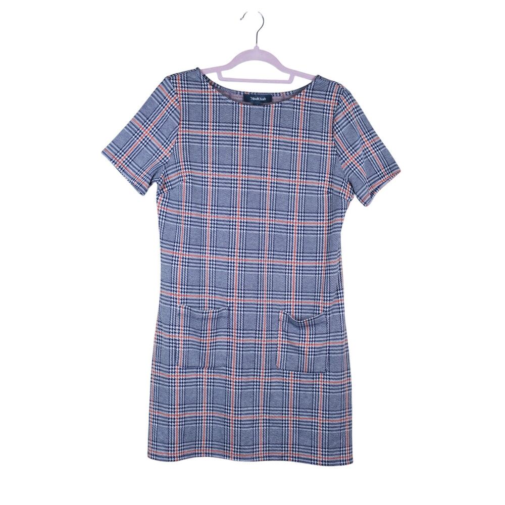 ModCloth Blue Plaid Retro 60s GoGo Sheath Knit Casual A-line Mini Dress Size L